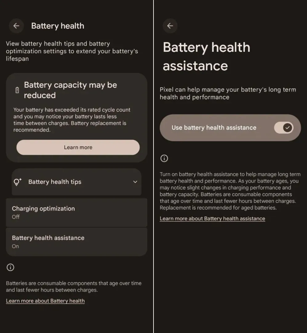 Ảnh chụp màn hình cho thấy tính năng Hỗ trợ sức khỏe pin trên Google Pixel 7 Pro chạy Android beta.