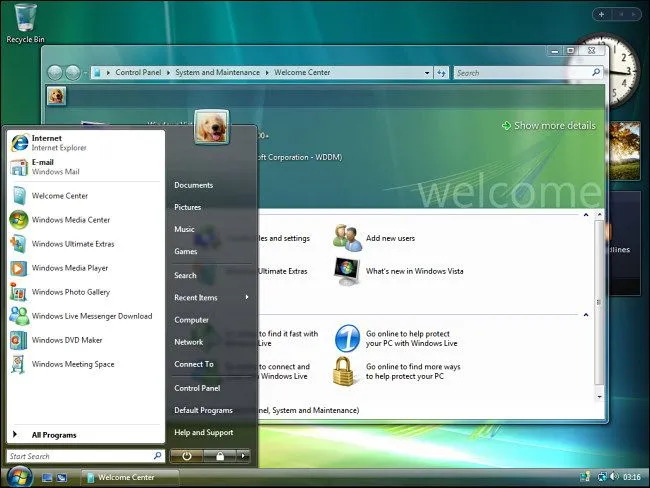 Ảnh chụp màn hình giao diện Aero trong suốt đặc trưng của Windows Vista