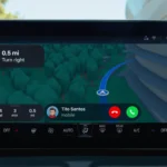 Ảnh chụp màn hình giao diện Apple CarPlay trên iOS 26, hiển thị điều hướng và thanh thông báo cuộc gọi gọn gàng ở cuối màn hình