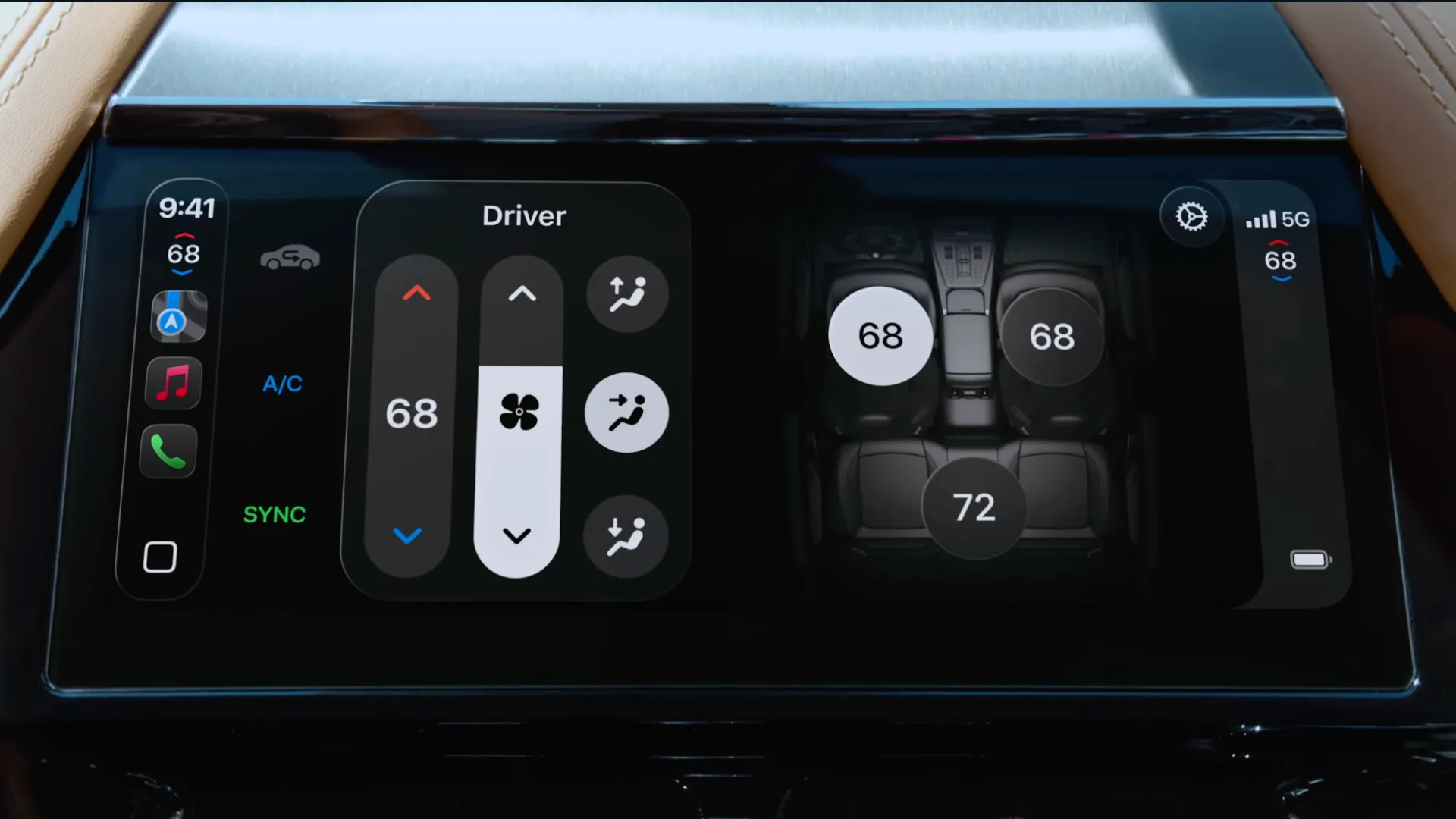 Ảnh chụp màn hình giao diện CarPlay Ultra hiển thị các điều khiển chức năng xe như điều hòa nhiệt độ