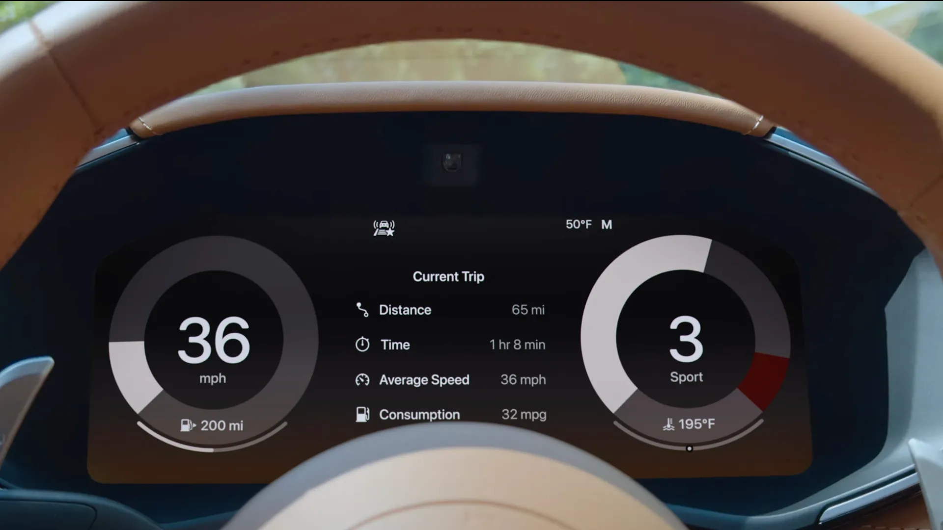 Ảnh chụp màn hình giao diện CarPlay Ultra hiển thị trên màn hình đồng hồ tốc độ, tích hợp thông tin từ iPhone và xe