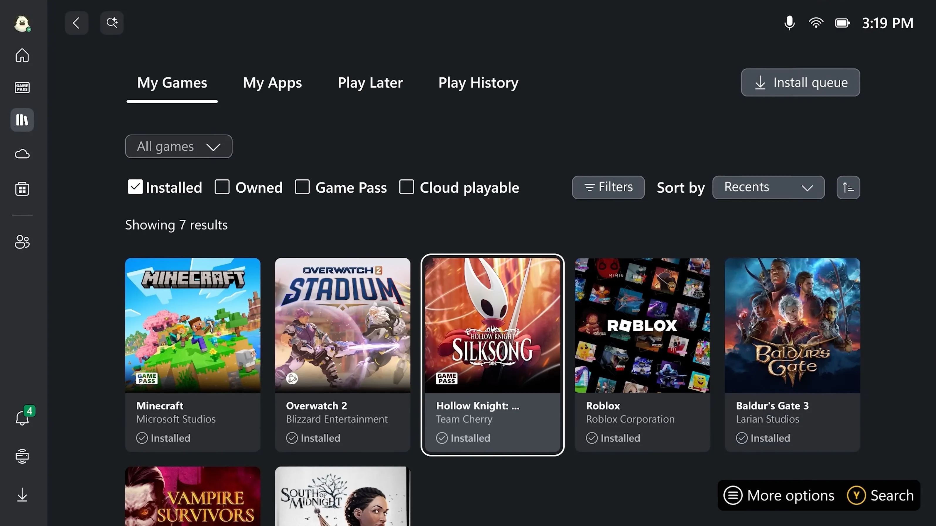 Ảnh chụp màn hình giao diện Xbox Dashboard mới mẻ trên Windows, hiển thị thư viện game.