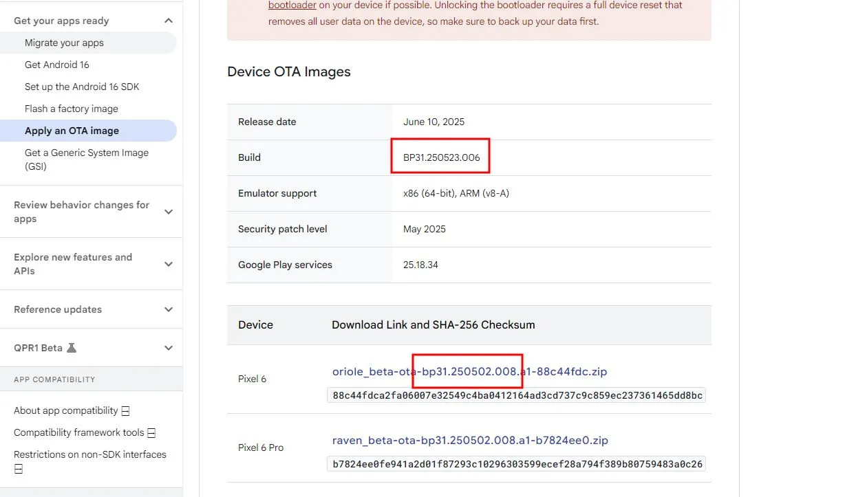 Ảnh chụp màn hình trang web dành cho nhà phát triển Android, làm nổi bật sự khác biệt giữa số phiên bản công bố và số phiên bản trên tệp cho gói beta.