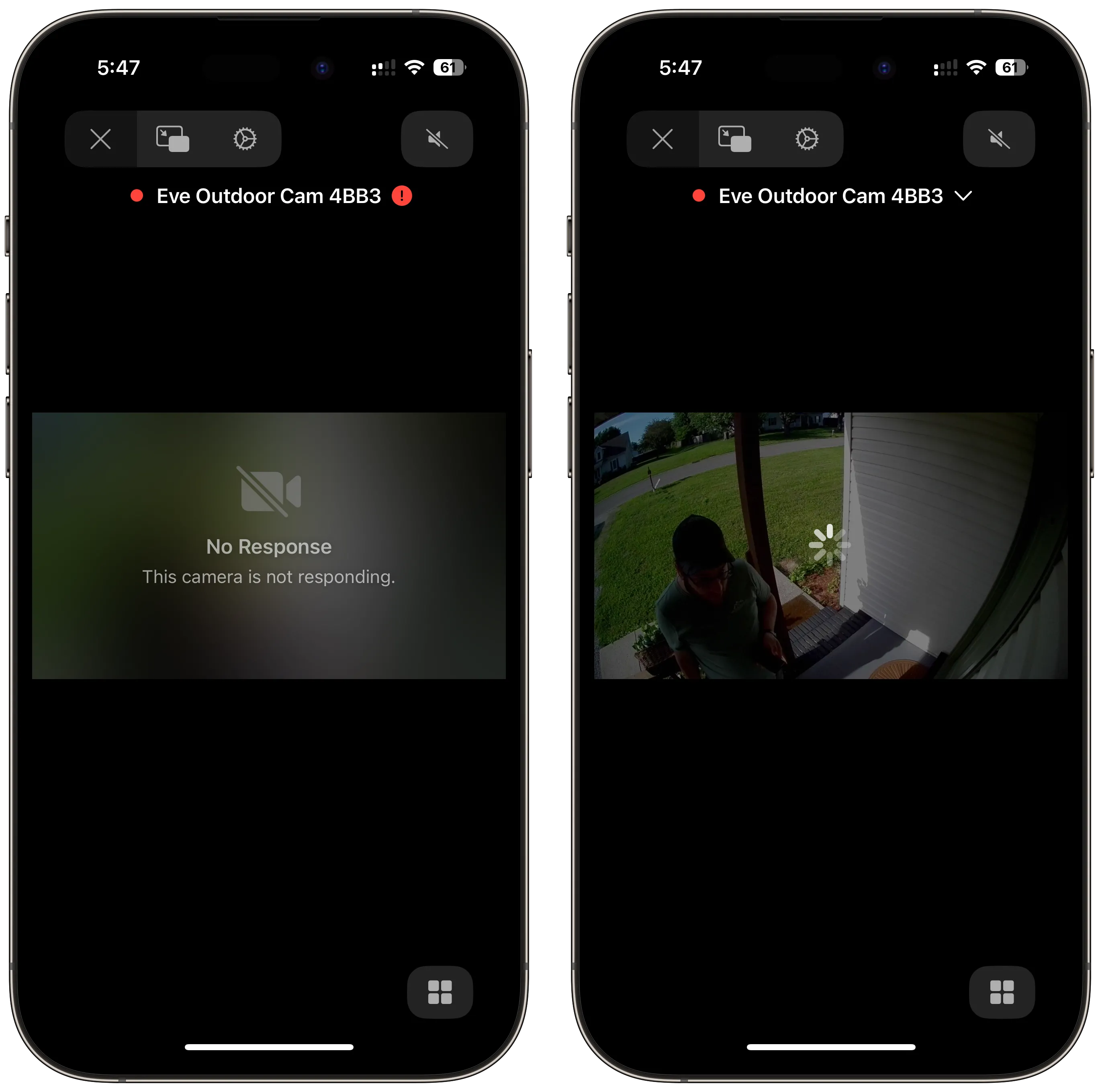Ảnh chụp màn hình ứng dụng Apple Home hiển thị camera Eve Outdoor Cam không kết nối, minh họa vấn đề độ tin cậy của HomeKit Secure Video.