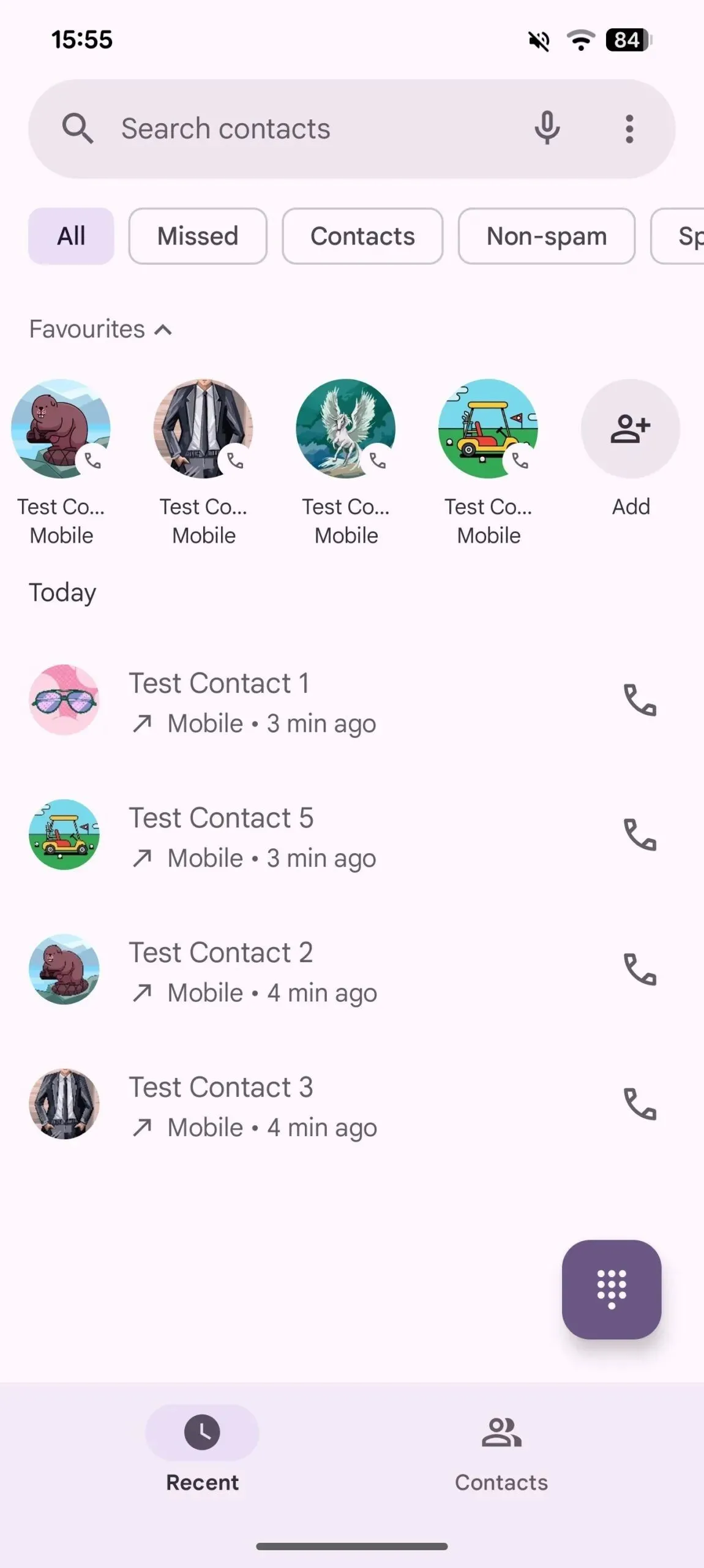 Ảnh chụp màn hình ứng dụng Điện thoại Google với mục Yêu thích ở tab Gần đây