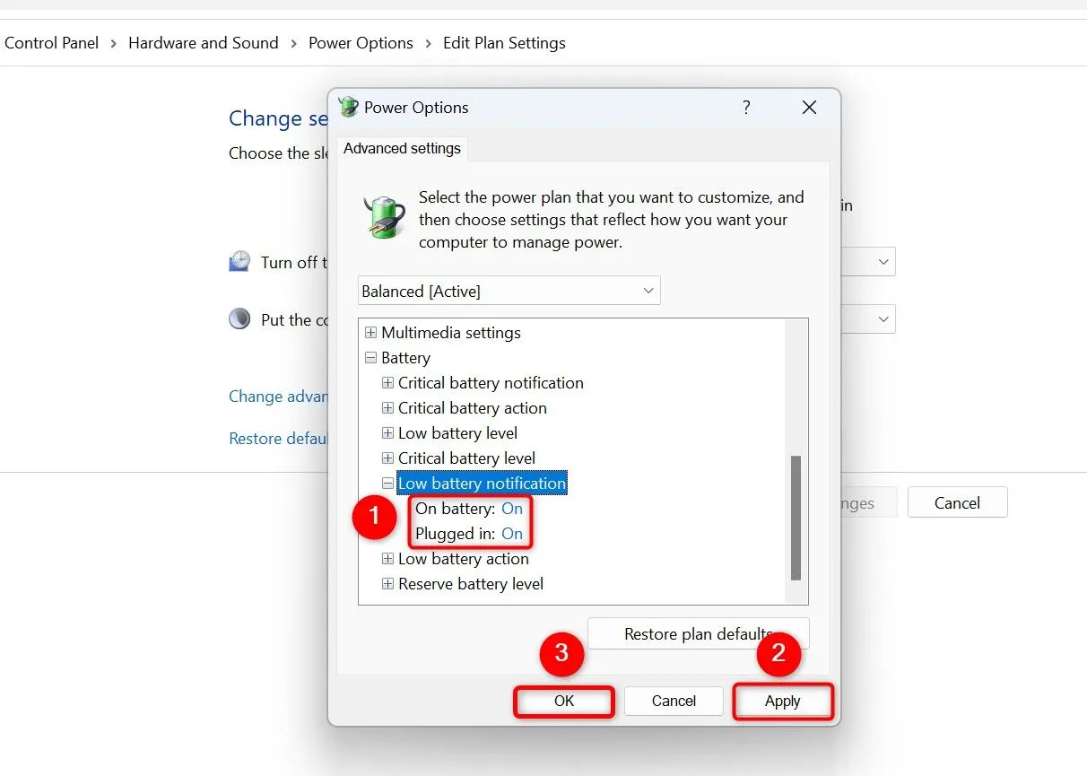 Bật thông báo pin yếu trong cài đặt nâng cao nguồn Windows 11