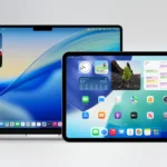 Các hệ điều hành mới nhất của Apple: macOS, iPadOS, iOS và watchOS hiển thị trên các thiết bị tương ứng.