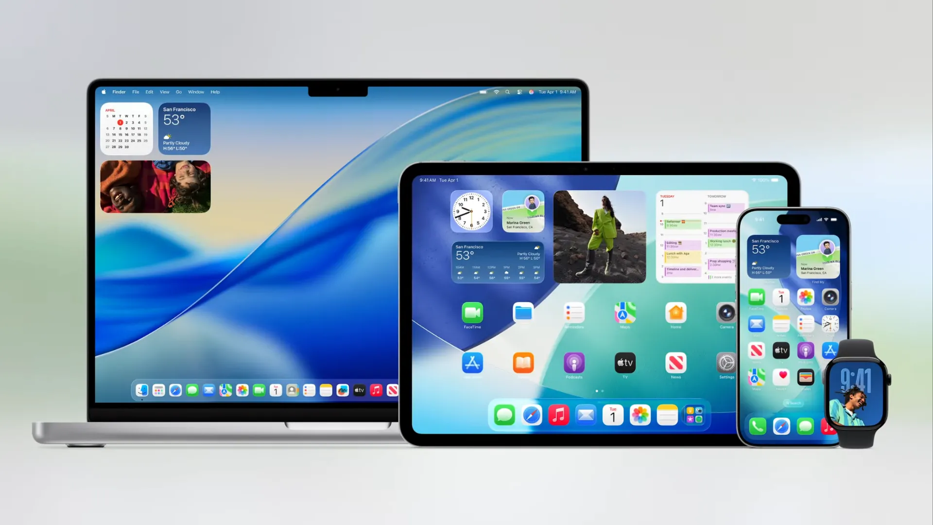 Các hệ điều hành mới nhất của Apple: macOS, iPadOS, iOS và watchOS hiển thị trên các thiết bị tương ứng.