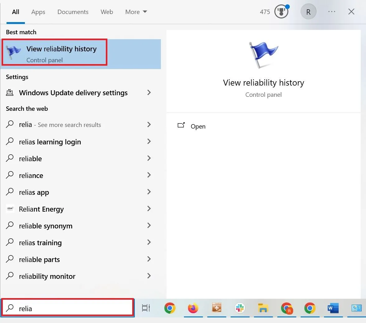 Cách mở Windows Reliability Monitor bằng thanh tìm kiếm Start Menu Windows 11