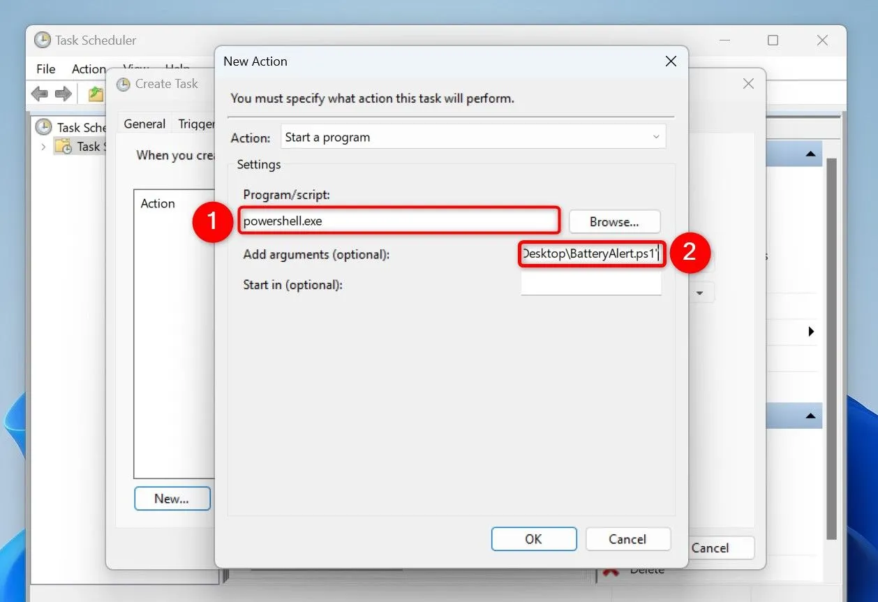 Cài đặt hành động chạy script PowerShell cảnh báo pin trong Task Scheduler Windows 11