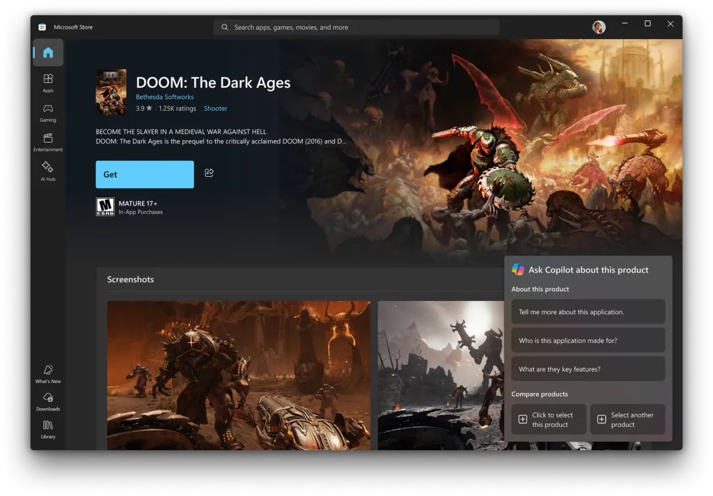 Copilot giúp trả lời câu hỏi về ứng dụng và game trong Microsoft Store