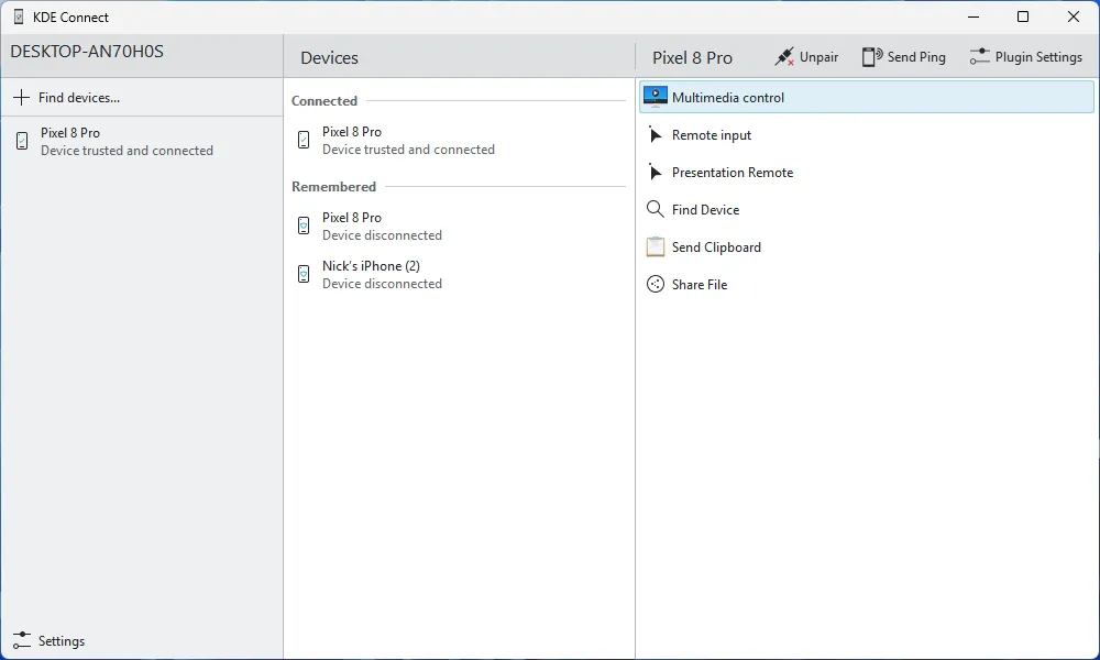 Cửa sổ chính của ứng dụng KDE Connect trên máy tính.