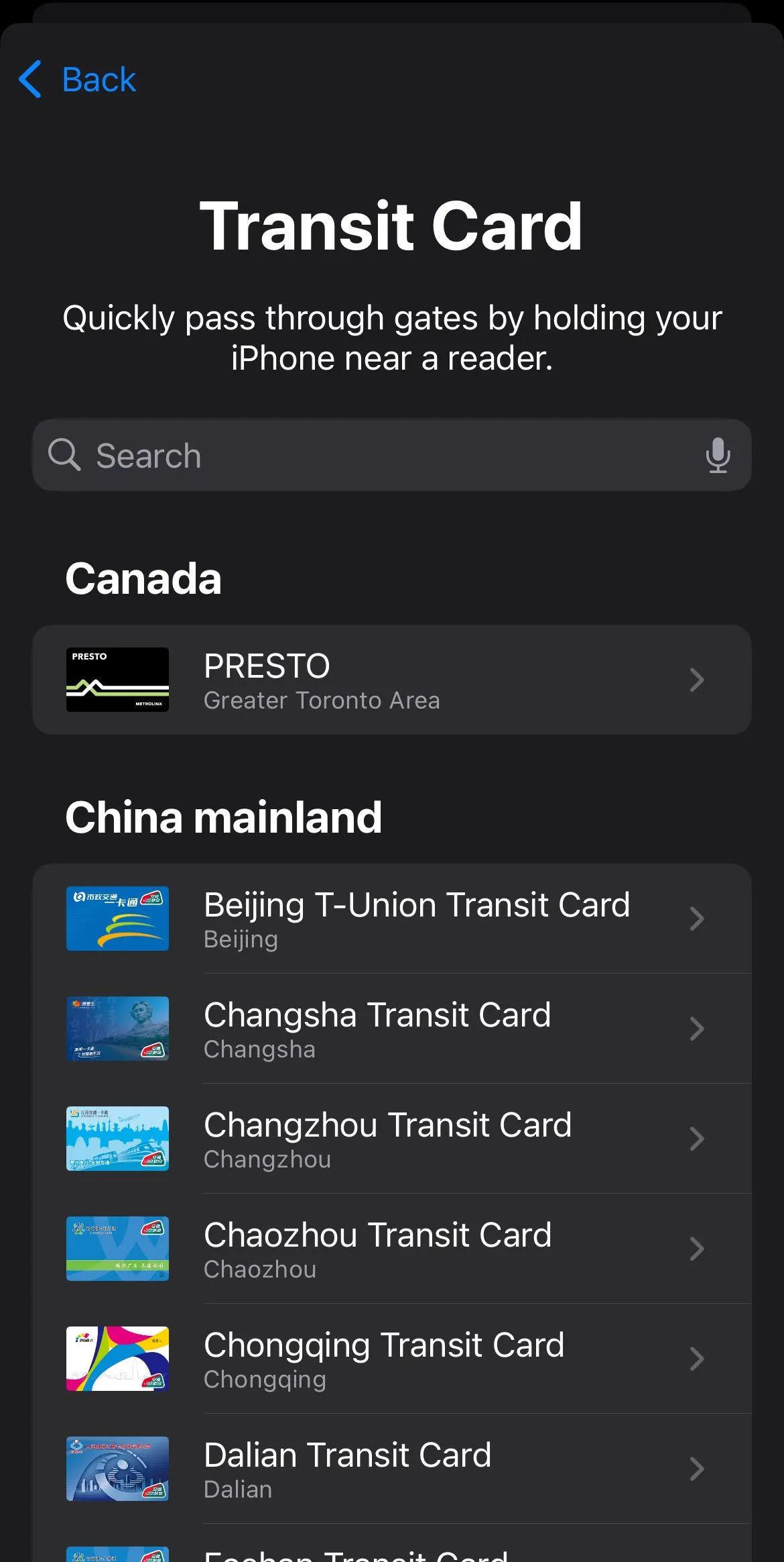 Danh sách các loại thẻ quá cảnh có thể thêm vào Apple Wallet