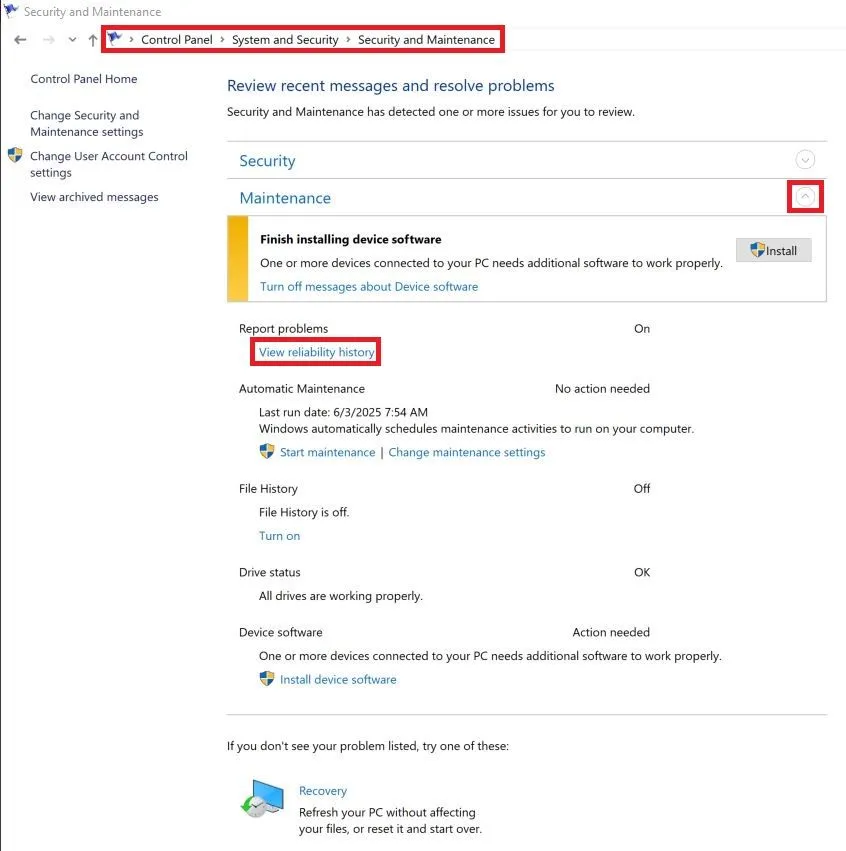 Đường dẫn đến Windows Reliability Monitor trong Control Panel Windows