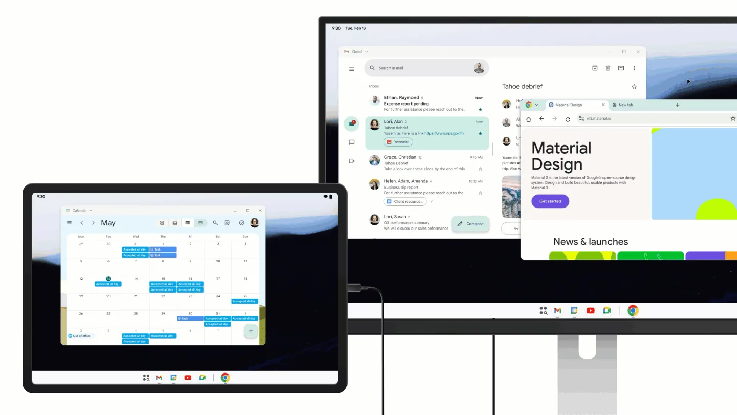 Giao diện Android desktop hiển thị trên màn hình ngoài với nhiều cửa sổ ứng dụng