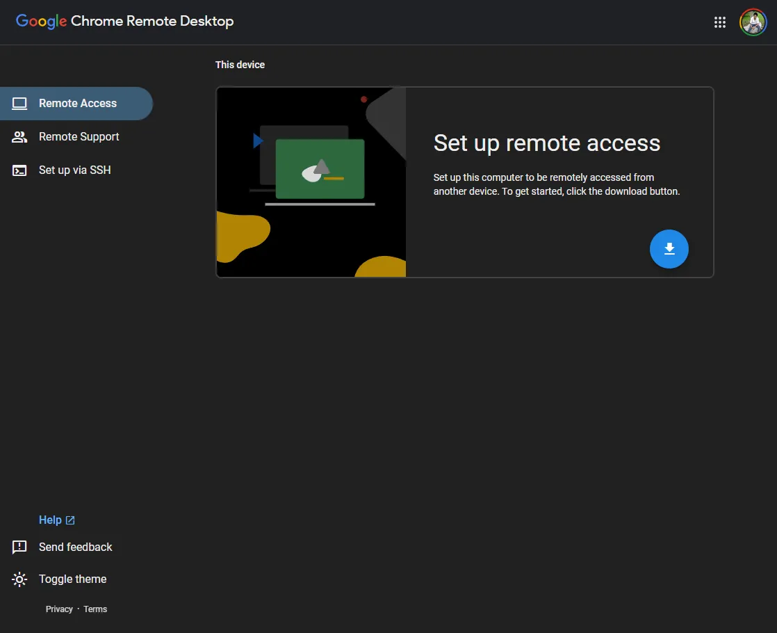 Giao diện cài đặt ban đầu của Google Chrome Remote Desktop trên trình duyệt