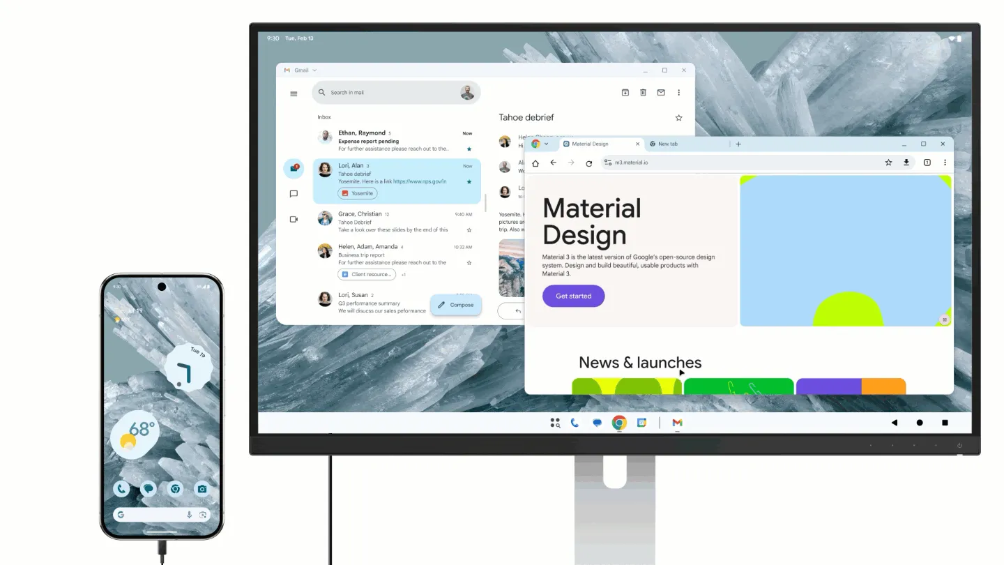 Giao diện chế độ desktop với nhiều cửa sổ ứng dụng trên máy tính bảng Android