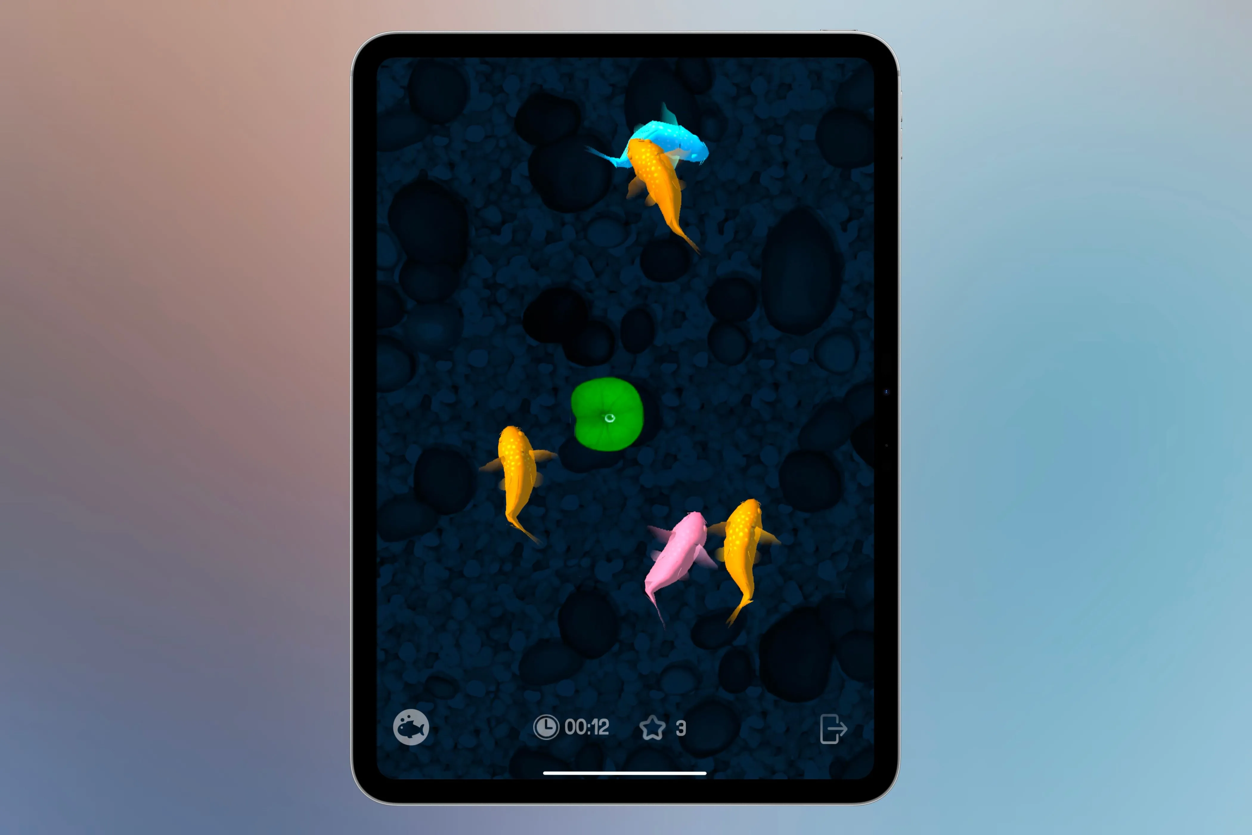 Giao diện game Cat Fishing 2 trên iPad với đàn cá kỹ thuật số