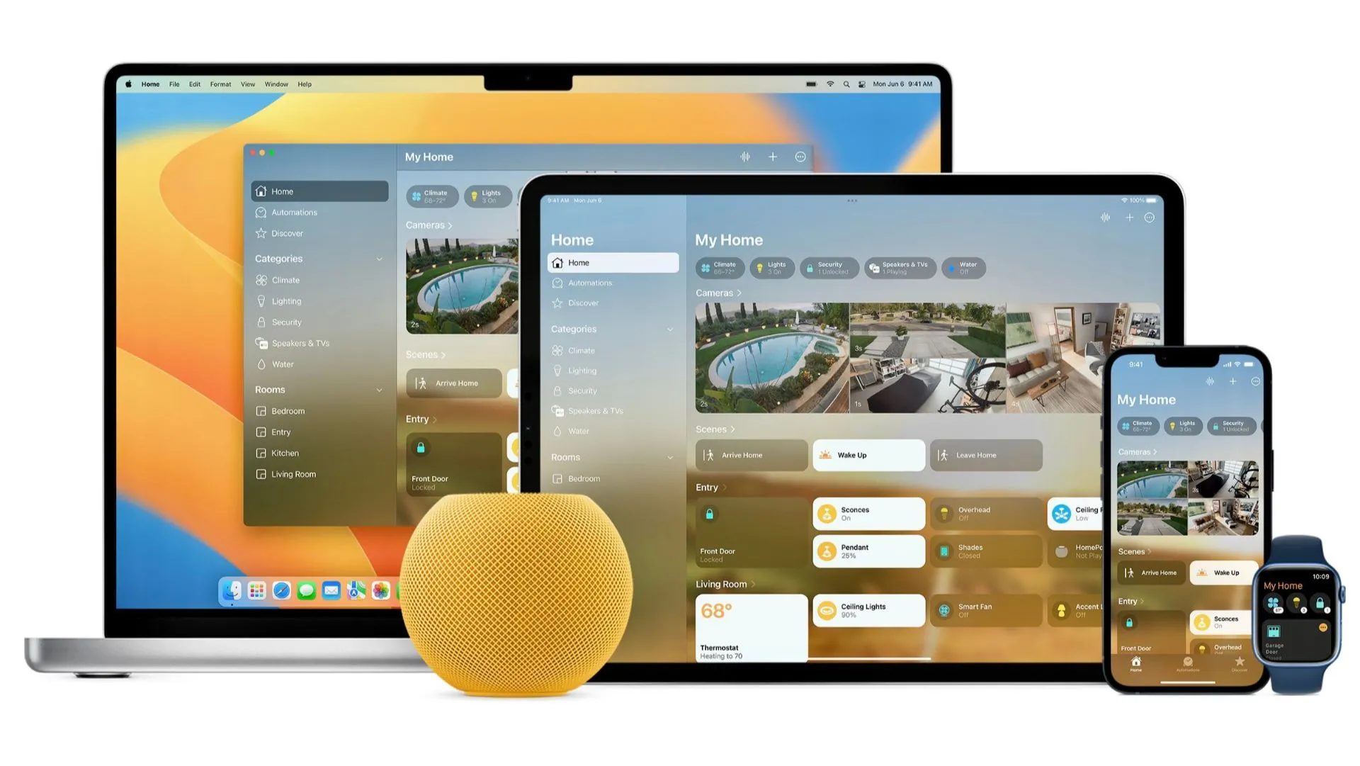 Giao diện HomeKit Secure Video trên các thiết bị Apple như iPhone, iPad, Mac và Apple Watch.