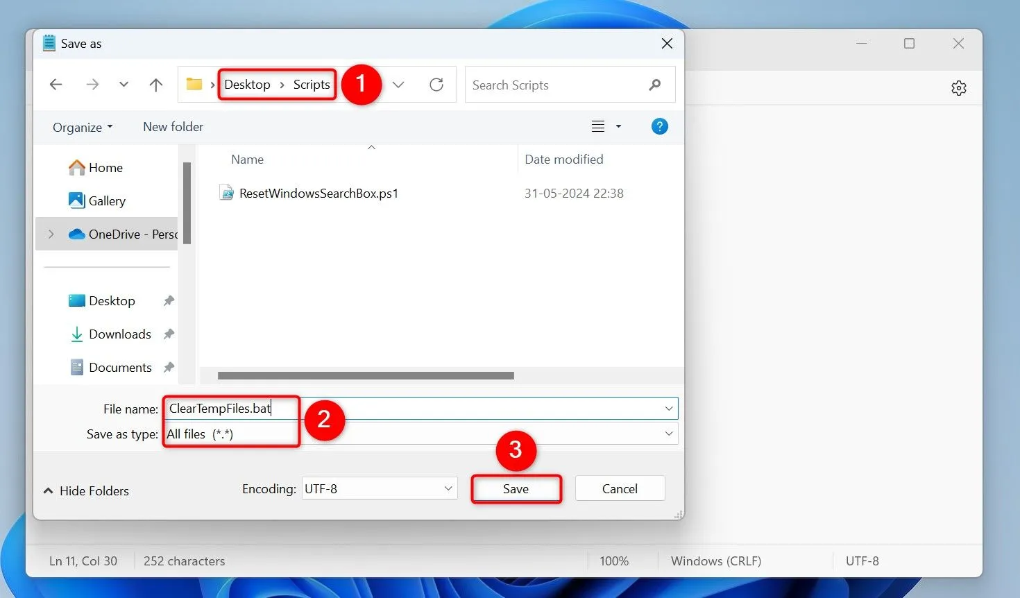 Giao diện Notepad hiển thị hộp thoại Lưu Như khi lưu file script xóa file tạm