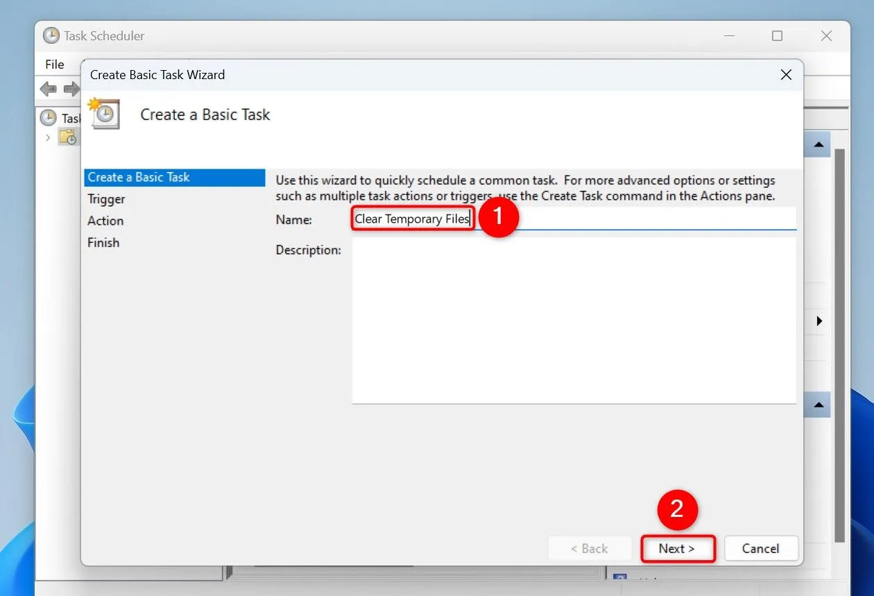 Giao diện Task Scheduler khi tạo tác vụ cơ bản, đặt tên cho tác vụ xóa file tạm