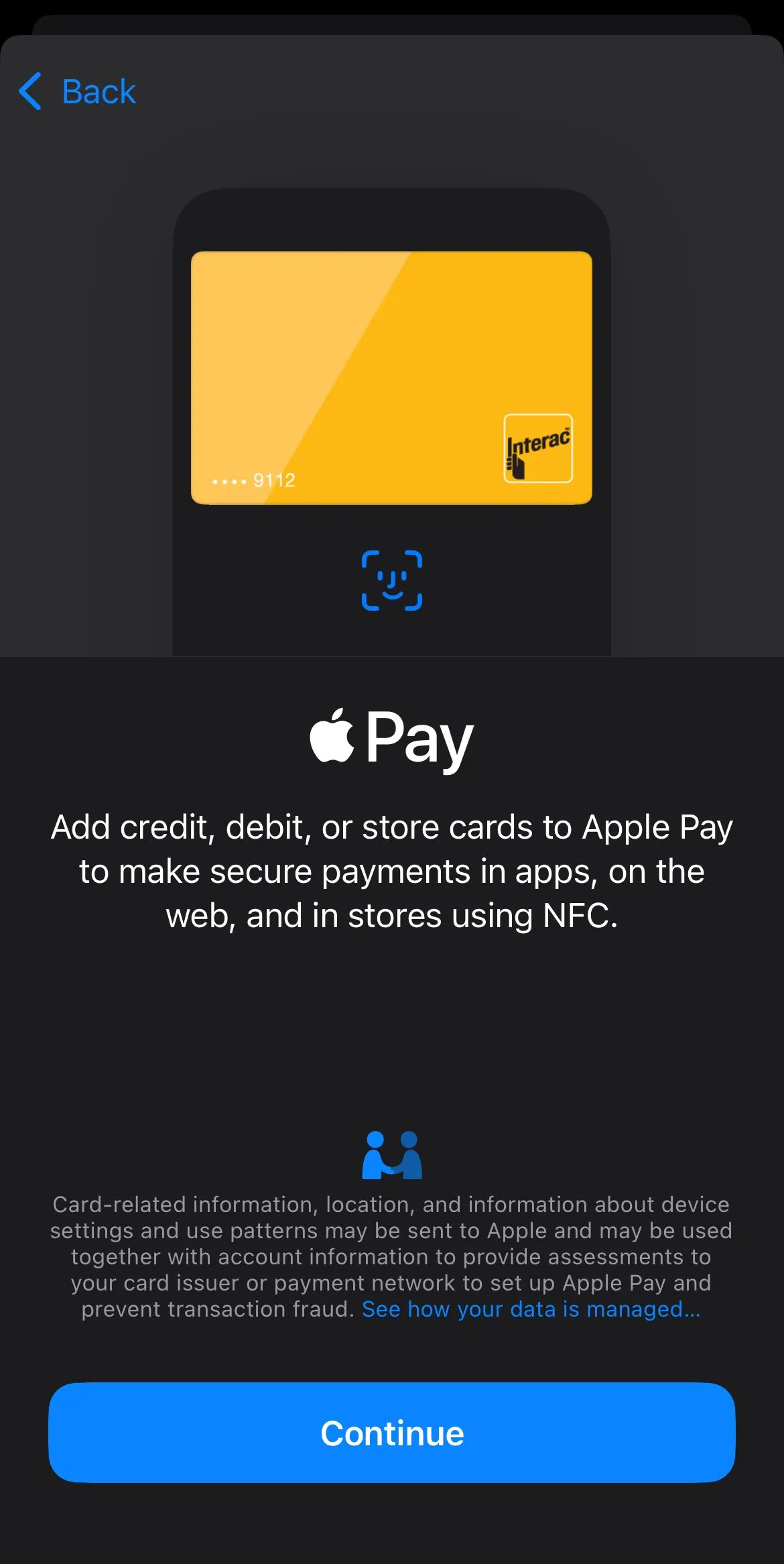 Giao diện thêm thẻ tín dụng hoặc ghi nợ trong Apple Wallet