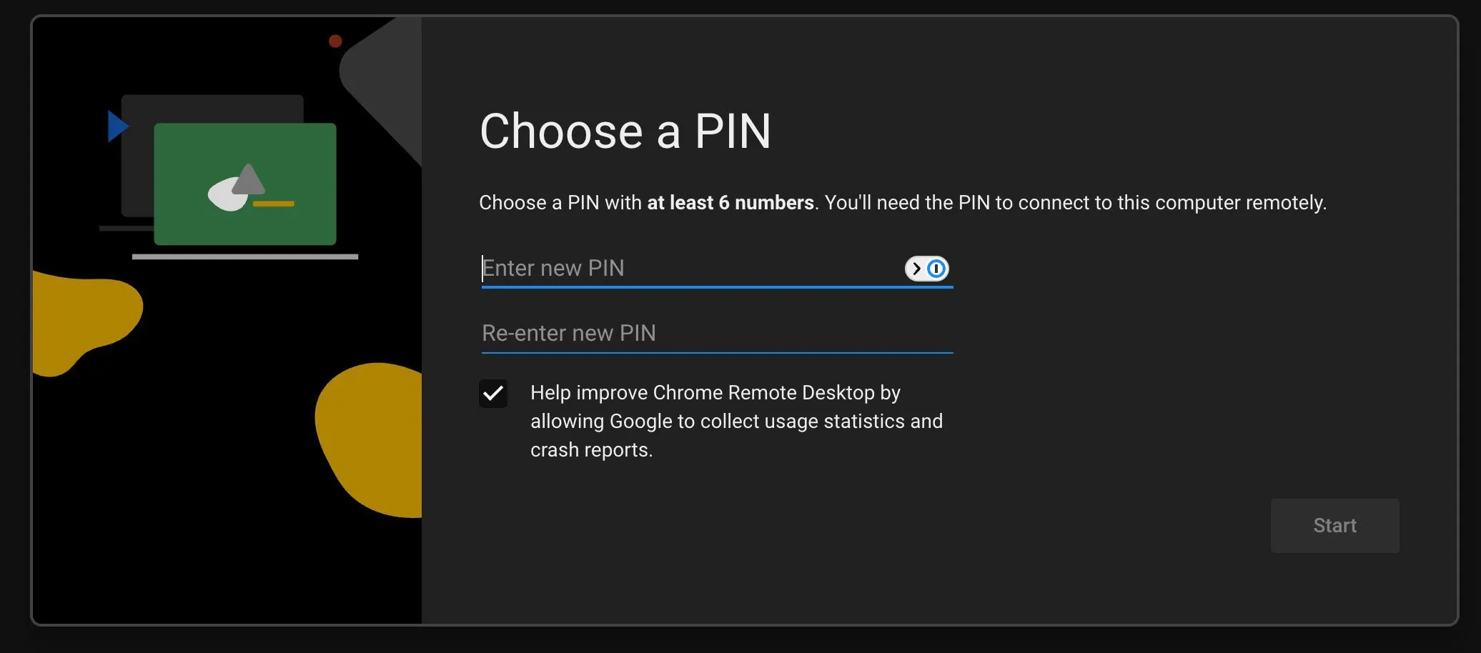 Giao diện thiết lập mã PIN bảo mật cho máy tính trong Chrome Remote Desktop