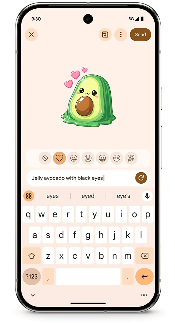 Giao diện tính năng Pixel Studio trong Gboard trên điện thoại Pixel, cho phép tạo nhãn dán AI.