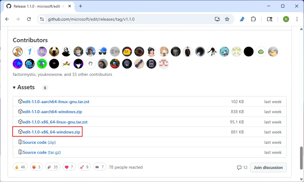 Giao diện trang tải Microsoft Edit trên GitHub