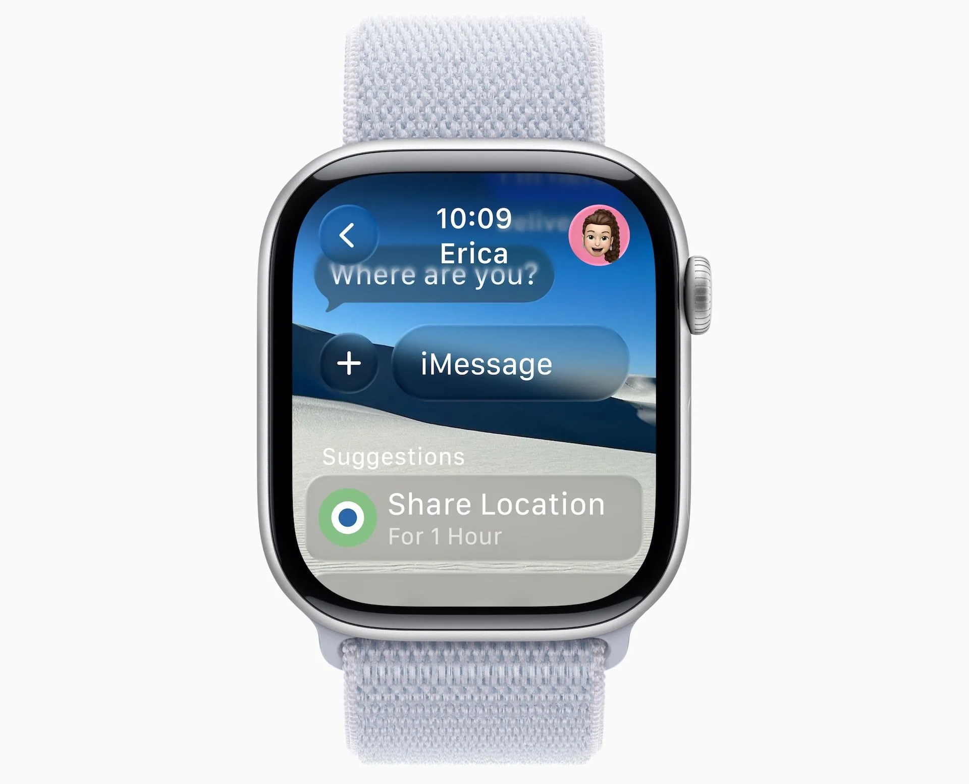 Giao diện ứng dụng Tin nhắn trên Apple Watch chạy watchOS 26 với hình nền tùy chỉnh