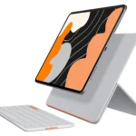 Hình ảnh bàn phím Logitech Flip Folio màu Pale Grey và case kickstand đi kèm iPad
