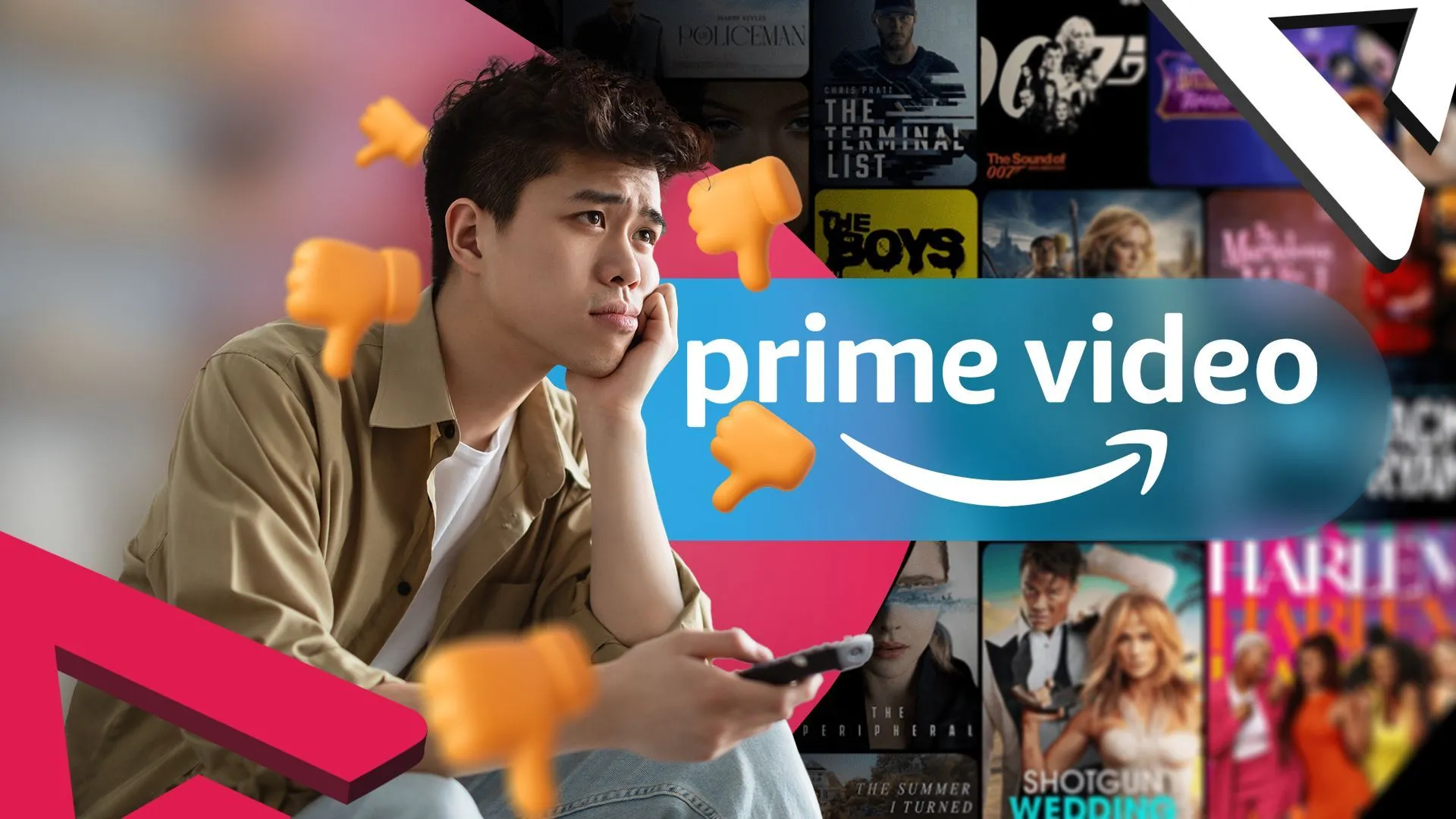 Hình ảnh minh họa người dùng có biểu cảm buồn khi xem Prime Video, xung quanh là biểu tượng không thích, phản ánh sự không hài lòng với dịch vụ của Amazon.