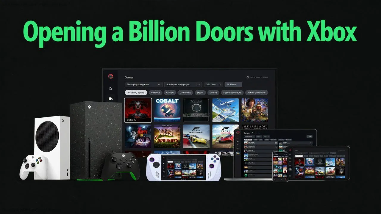 Hình ảnh minh họa tầm nhìn 'Mọi màn hình đều là Xbox' của Microsoft, với nhiều thiết bị khác nhau.