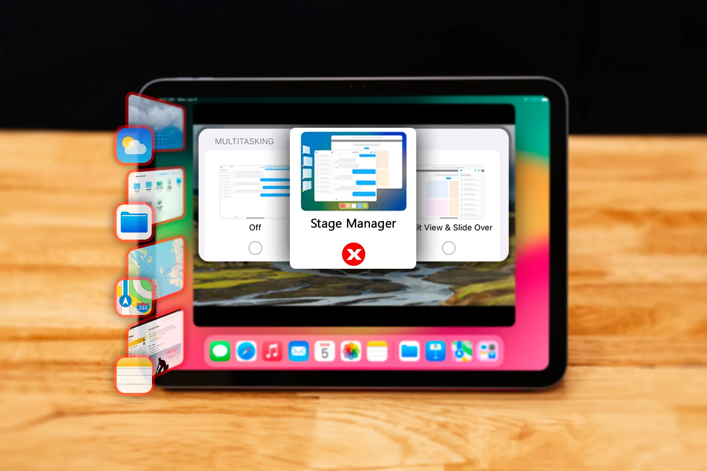 iPad hiển thị giao diện Trình quản lý màn hình (Stage Manager) và cài đặt đa nhiệm, minh họa tính năng này trên iPadOS.