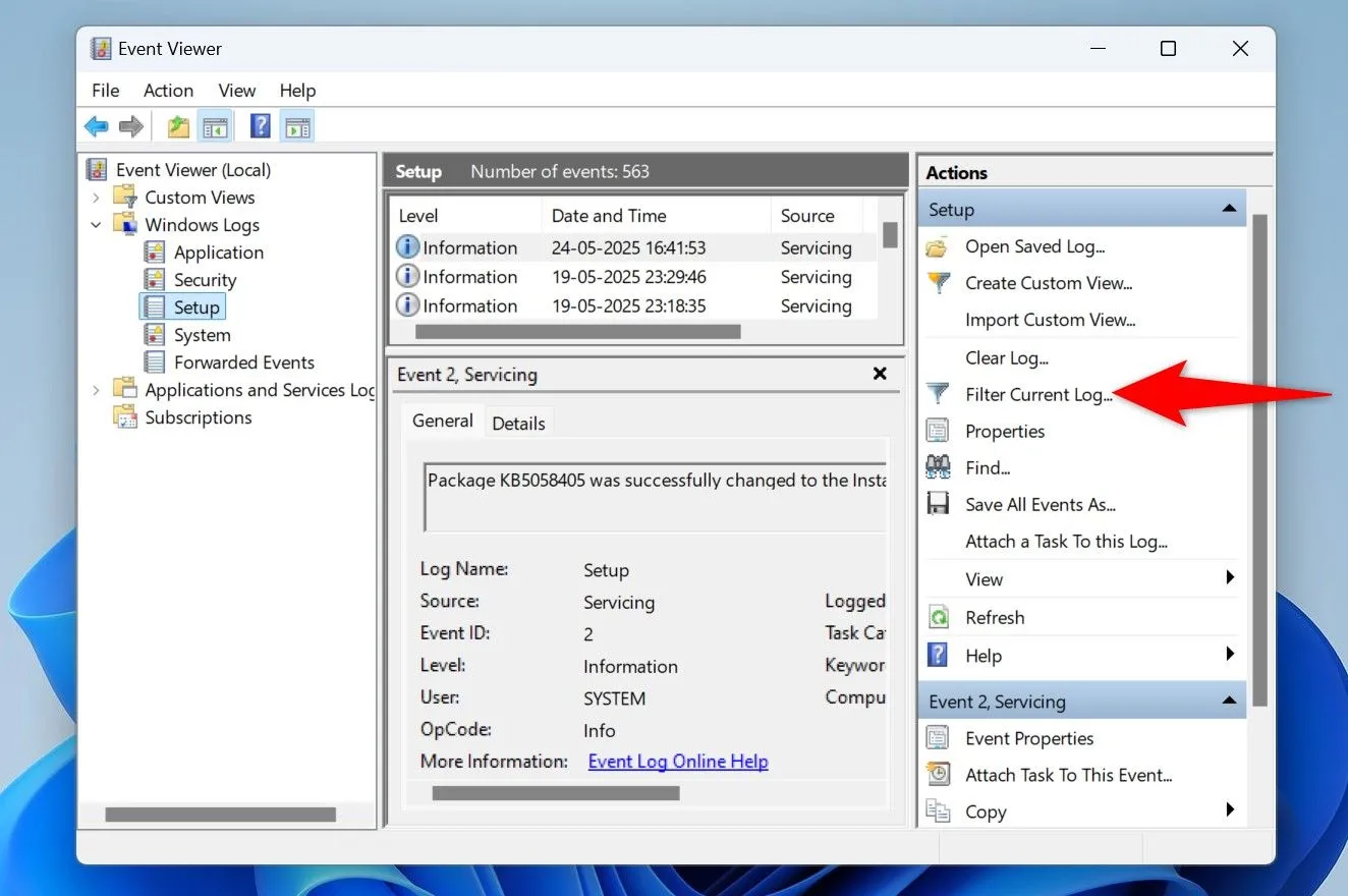 Lọc nhật ký hiện tại trong Trình xem sự kiện (Event Viewer)