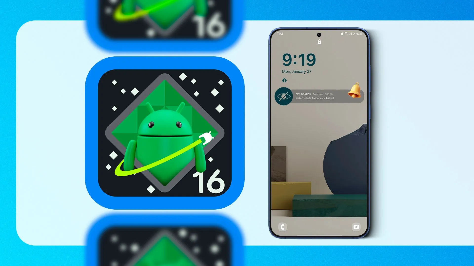 Logo Android 16 và hình ảnh điện thoại thông minh, liên quan đến lợi ích của tuổi thọ pin dài giúp tận dụng các bản cập nhật phần mềm lâu dài.