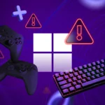 Logo Windows với các dấu hiệu cảnh báo, xung quanh là tay cầm chơi game và bàn phím - minh họa cho nhược điểm gaming của Windows.