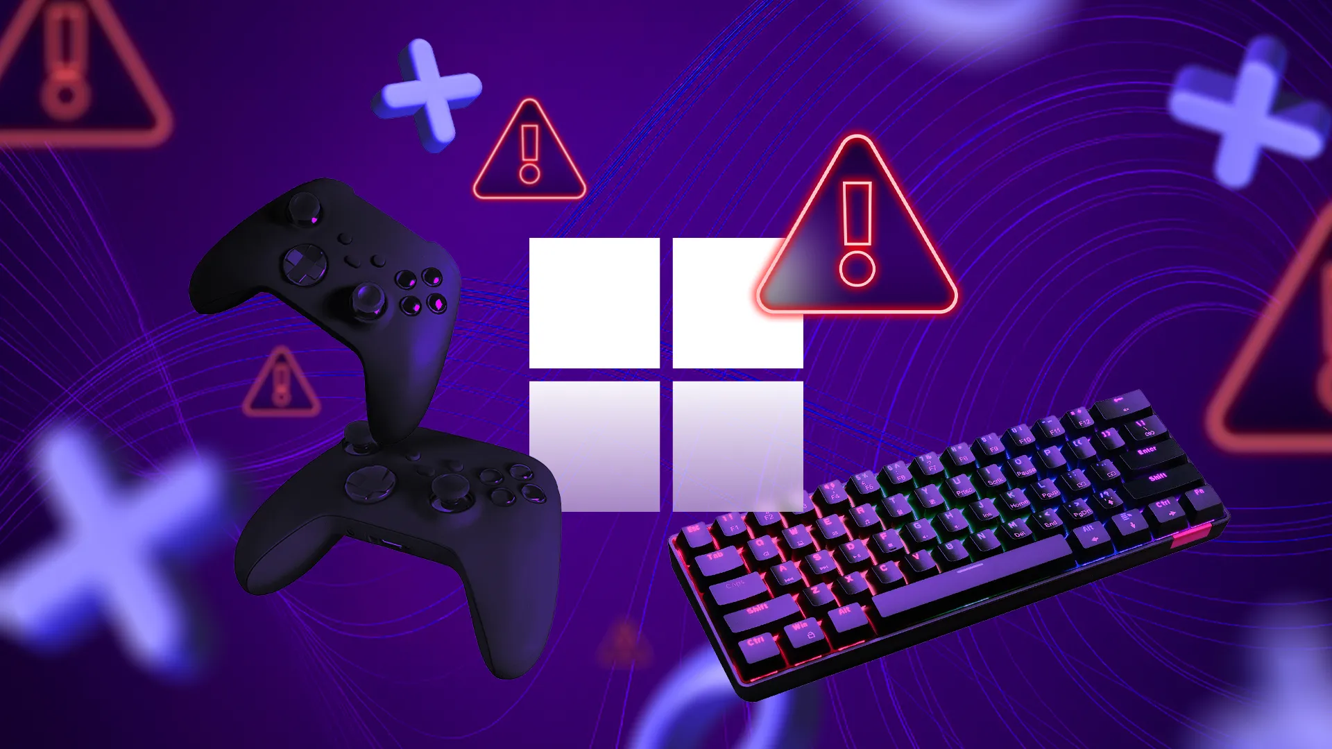 Logo Windows với các dấu hiệu cảnh báo, xung quanh là tay cầm chơi game và bàn phím - minh họa cho nhược điểm gaming của Windows.
