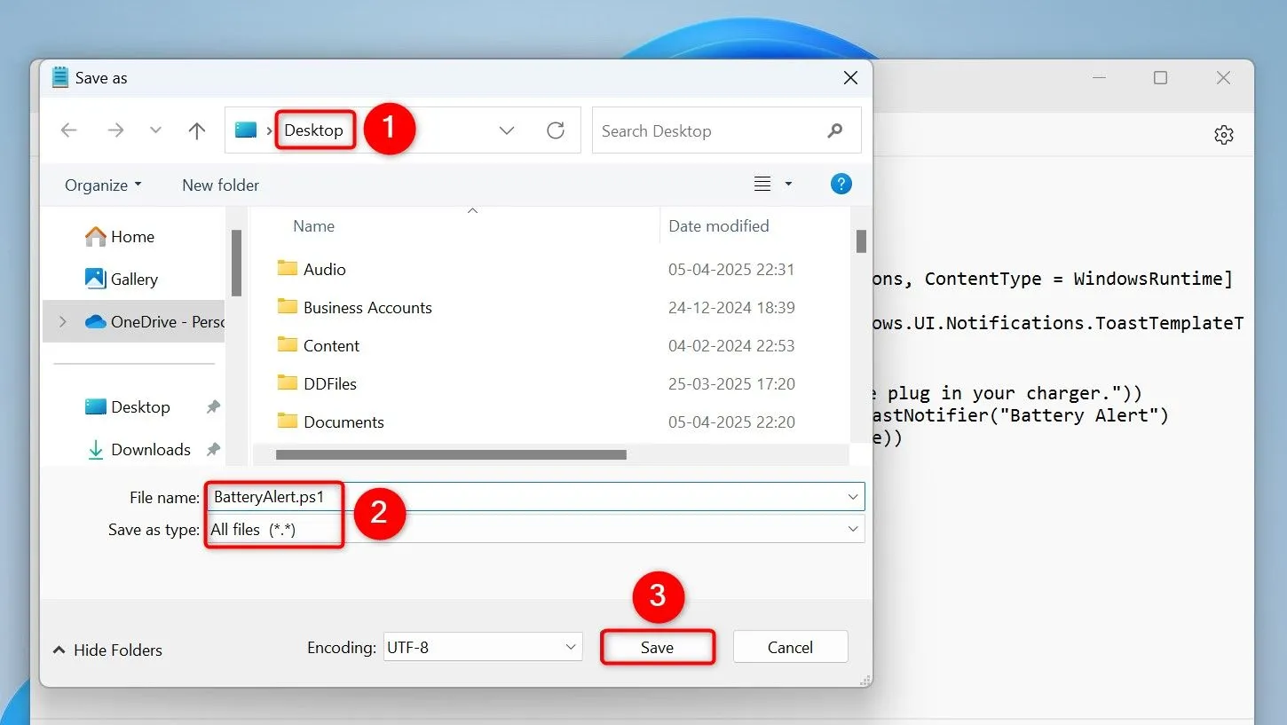 Lưu script PowerShell cảnh báo pin yếu trong Notepad dưới định dạng .ps1