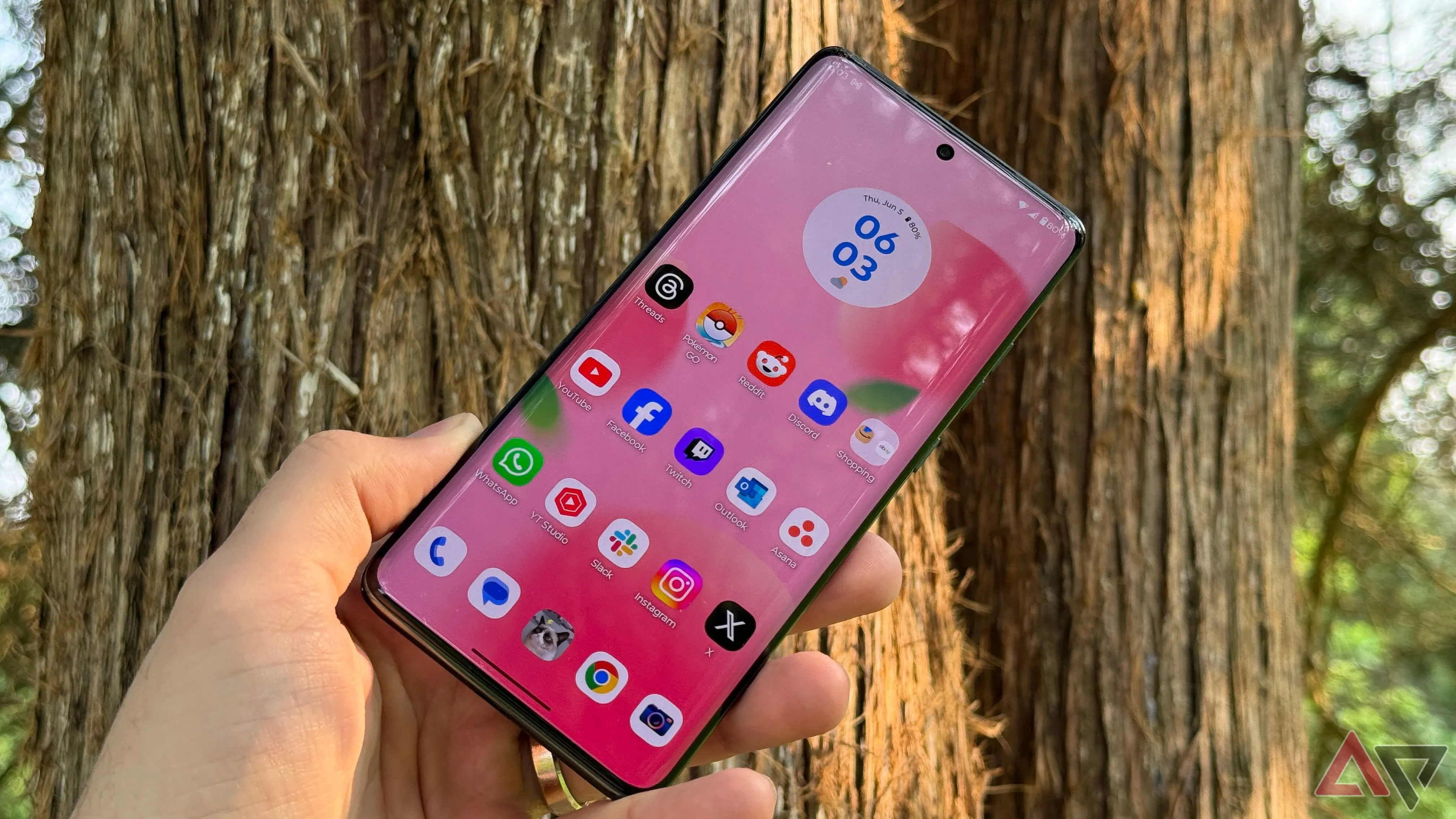 Màn hình Motorola Edge 2025 hiển thị ngoài trời cạnh một gốc cây