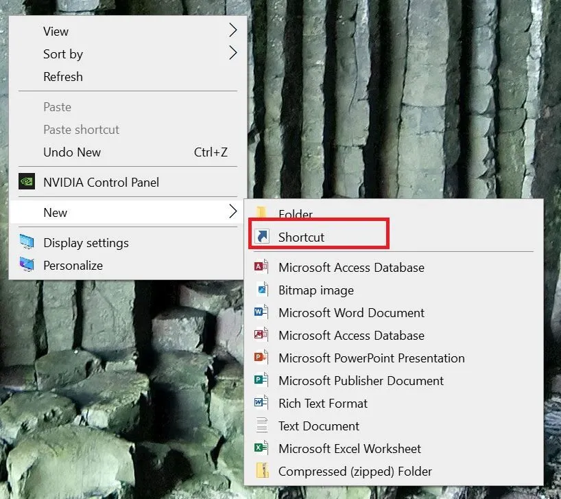 Menu chuột phải khi tạo shortcut mới trên màn hình Desktop Windows 11