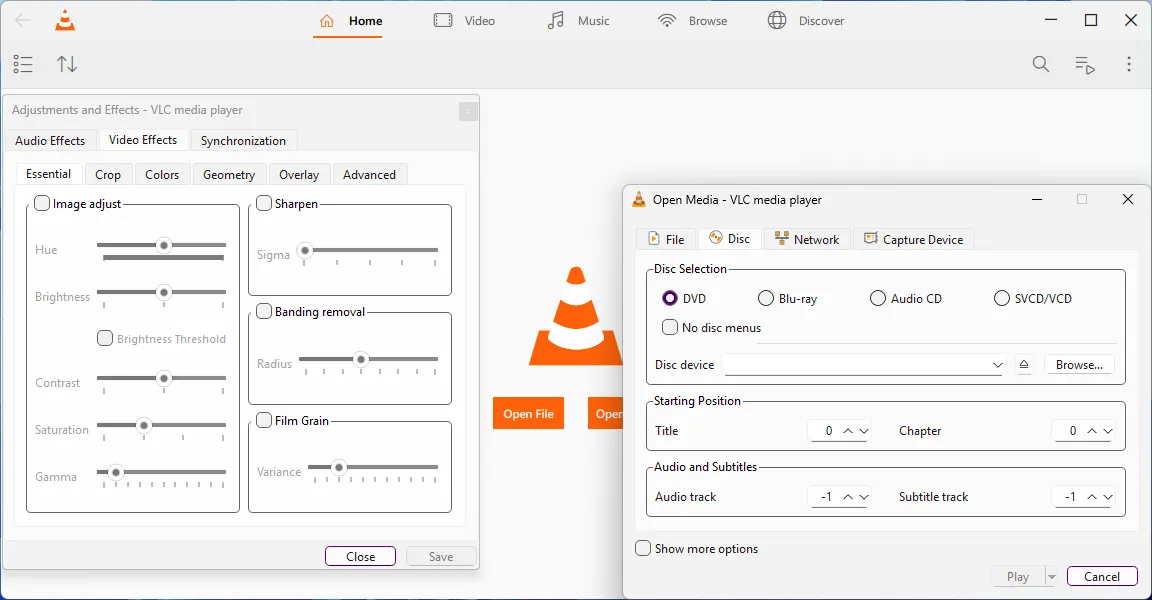 Menu tùy chọn 'Open Media' và 'Video Effects' trong phiên bản VLC 4.0.