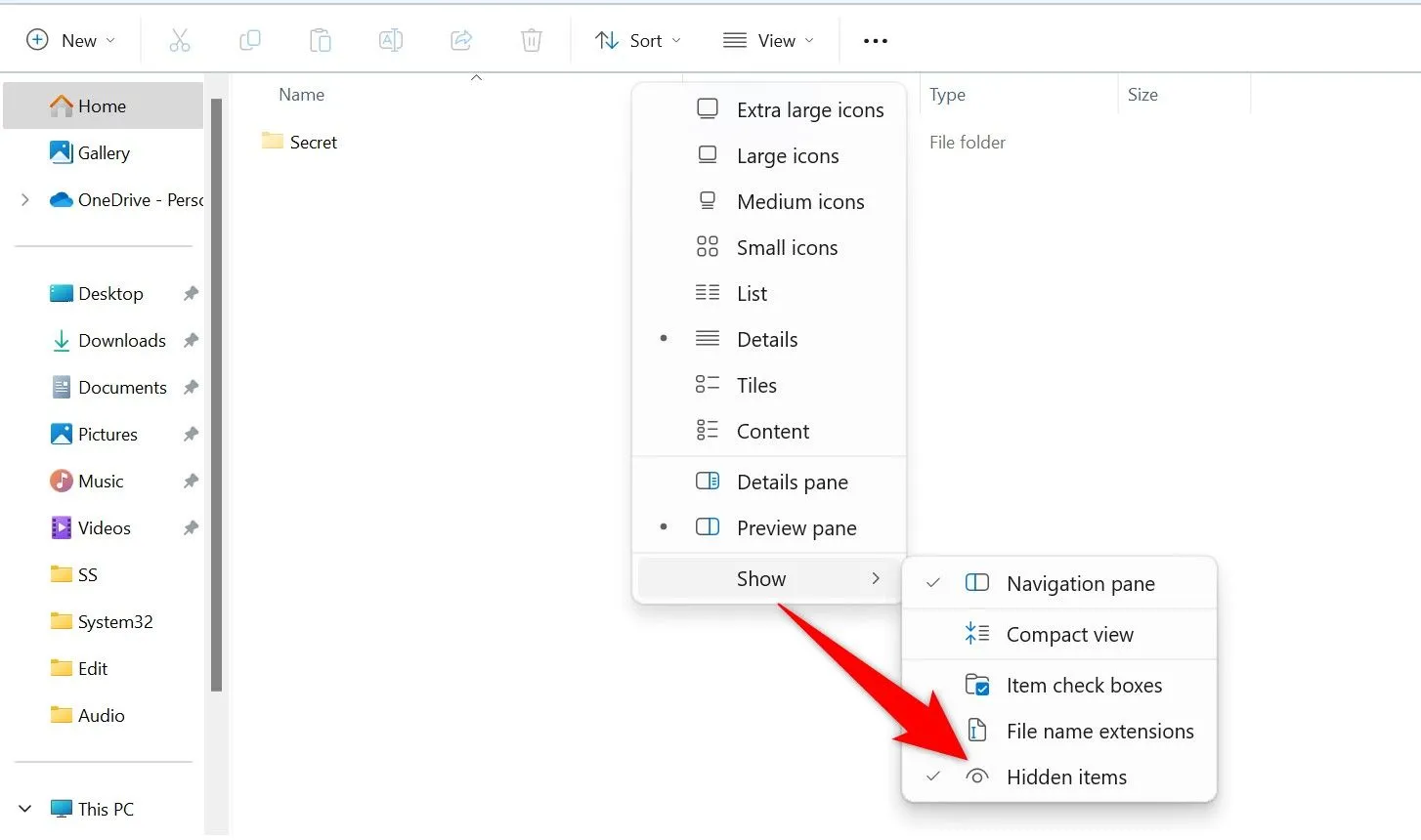 Menu View &gt; Show và tùy chọn Hidden Items (Mục ẩn) được chọn trong File Explorer của Windows 11