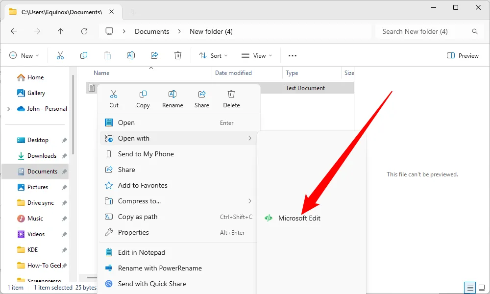 Microsoft Edit hiển thị trong menu 'Open With' của Windows