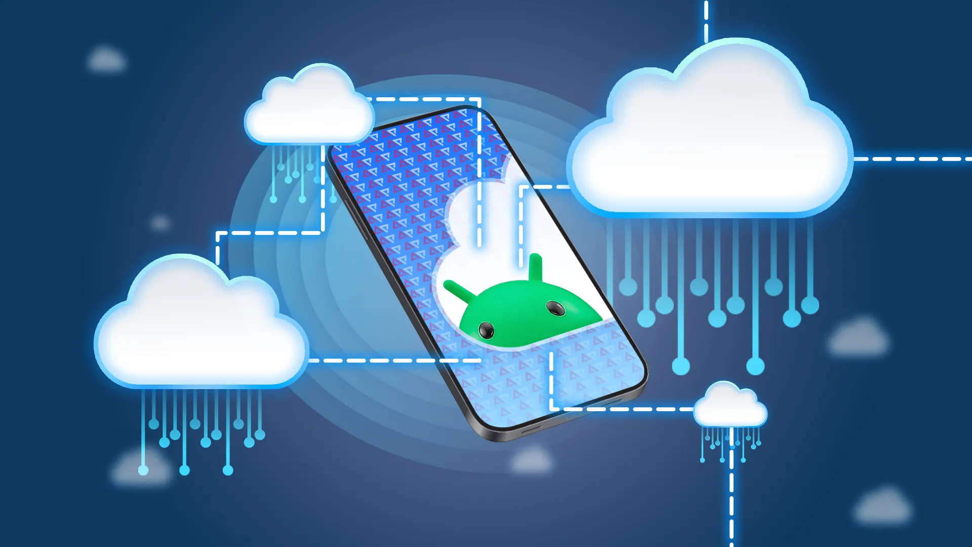 Minh họa điện thoại Android kết nối với các dịch vụ lưu trữ đám mây.