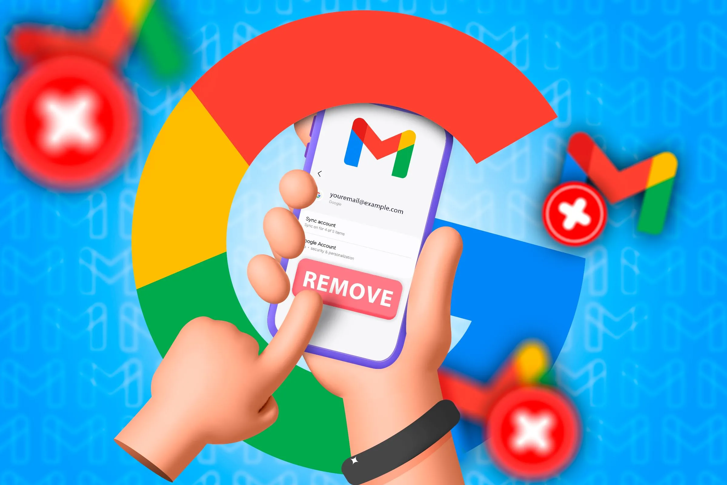 Minh họa tay cầm điện thoại gỡ tài khoản Gmail, liên quan đến tính năng Gmail trên Android