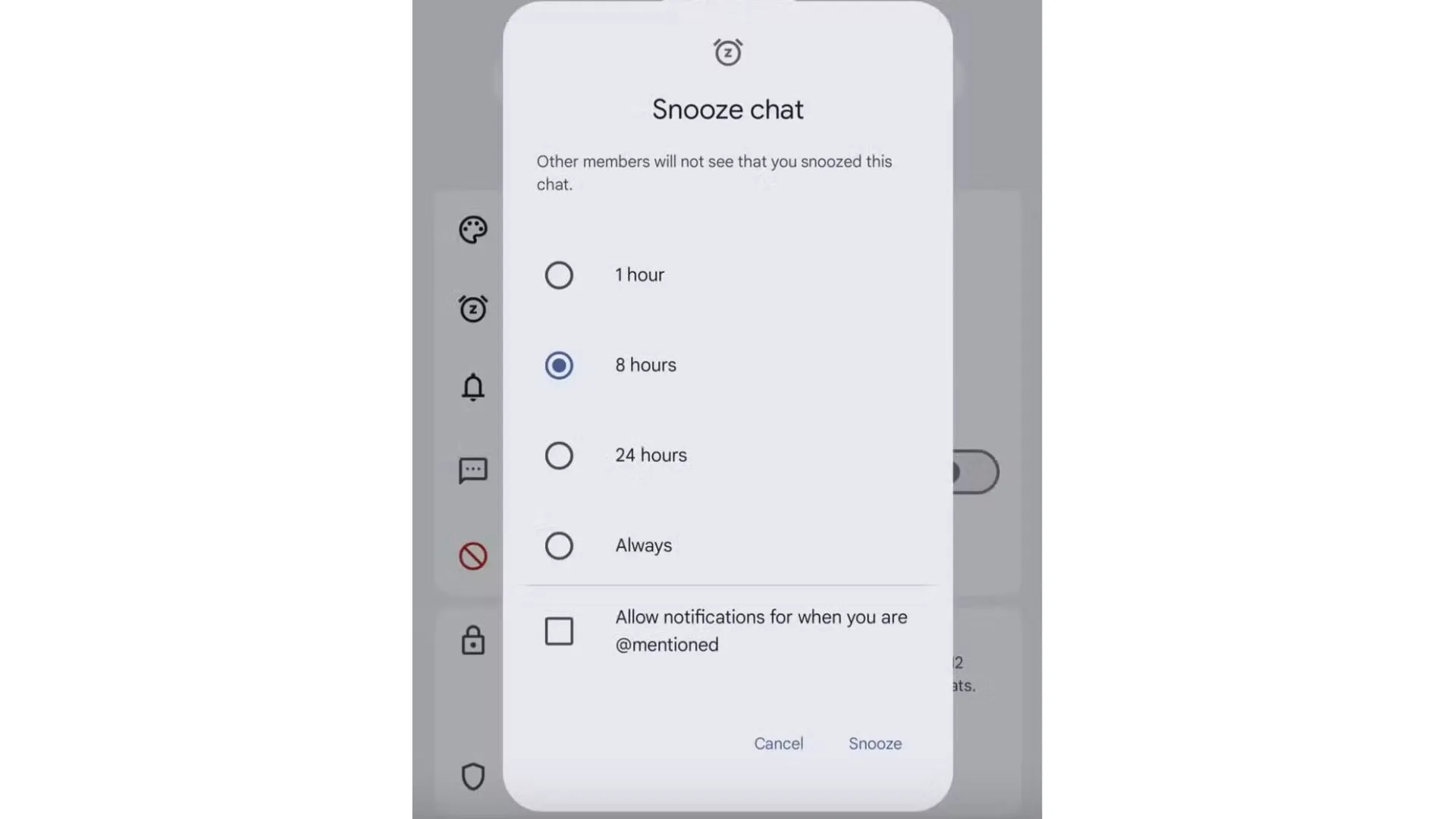 Minh họa tùy chọn 'Snooze chat' trong cài đặt trò chuyện của Google Messages.