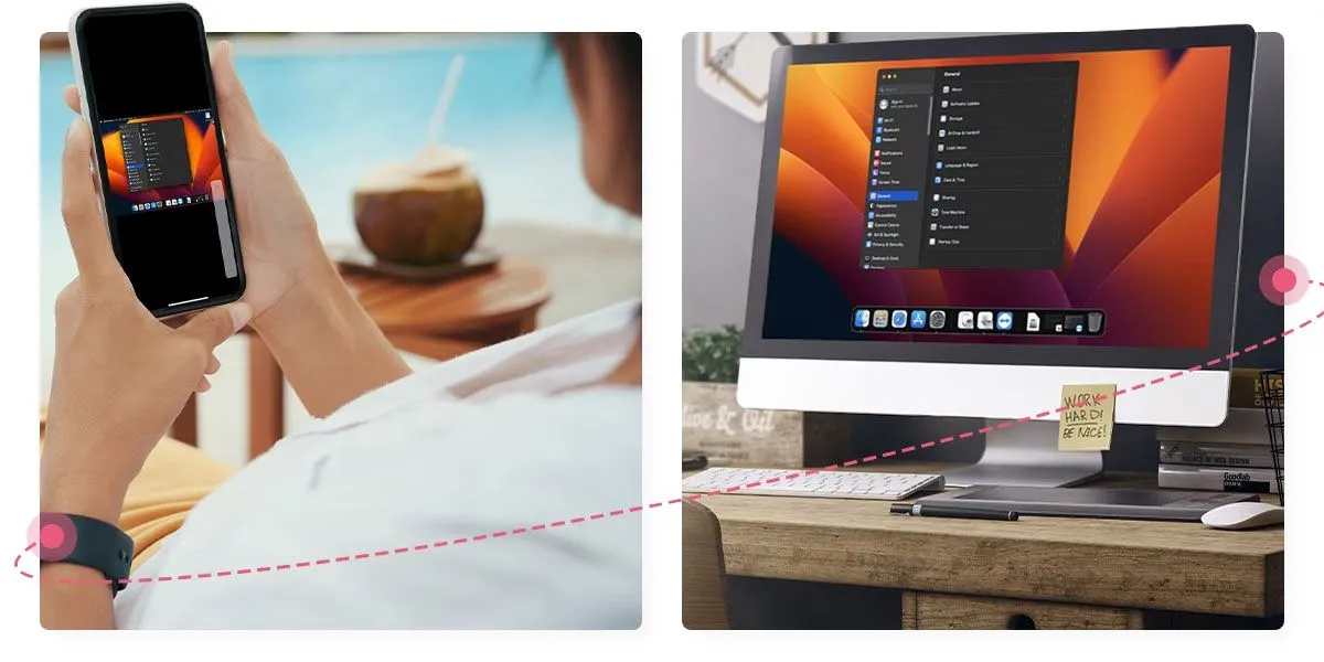 Minh họa việc sử dụng TeamViewer để truy cập máy tính từ xa bằng điện thoại di động