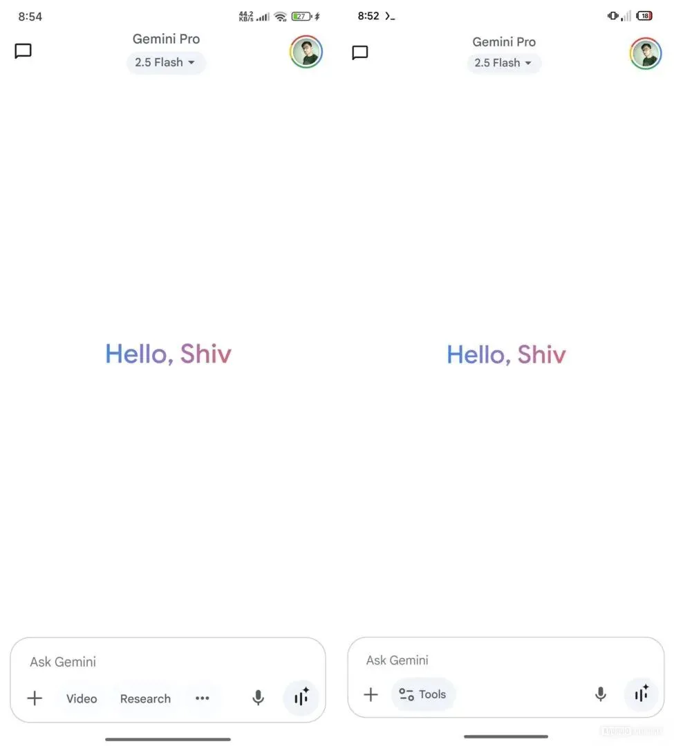 So sánh giao diện thanh công cụ cũ (trái) và mới (phải) của ứng dụng Google Gemini Android