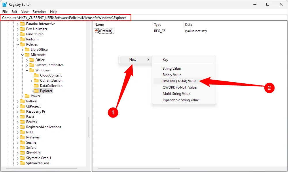 Tạo một Giá trị DWORD (32-bit) mới trong Registry Editor